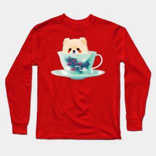 Adorable Teacup Pomeranian Dog White Pomeranian Puppy in Teacup Long Sleeve T-Shirt